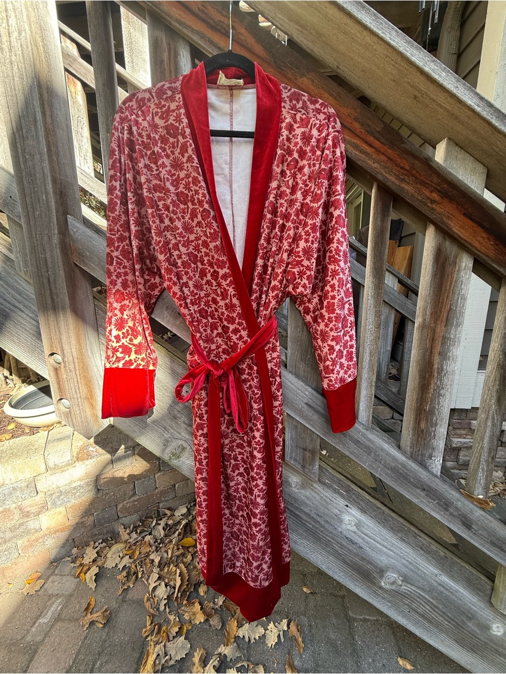 Joyfolie Red Floral Velvet-Trim Wrap Robe